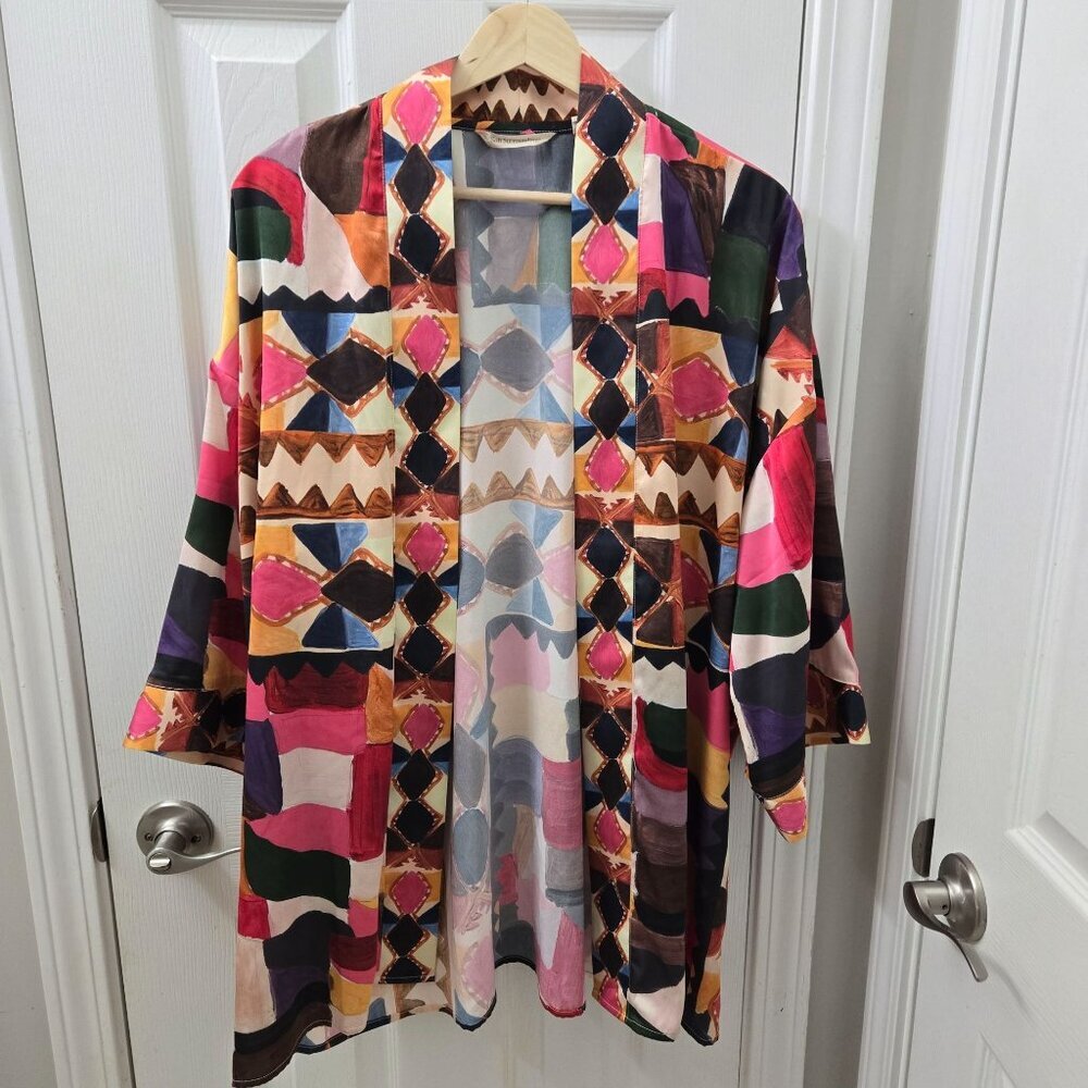 Soft Surroundings Kimono Womens S/M Multicolor Geometric Print Open Front Beach